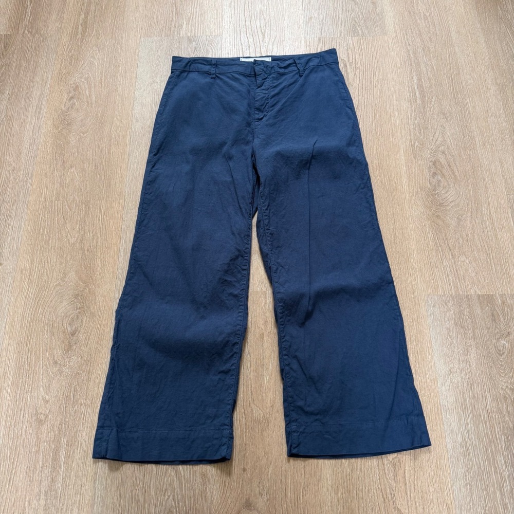 Frank & Eileen Wexford Pant Women 10 Navy Blue Cotton Linen Wide Leg Trousers